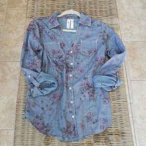Floral on denim, Long Sleeve button down shirt